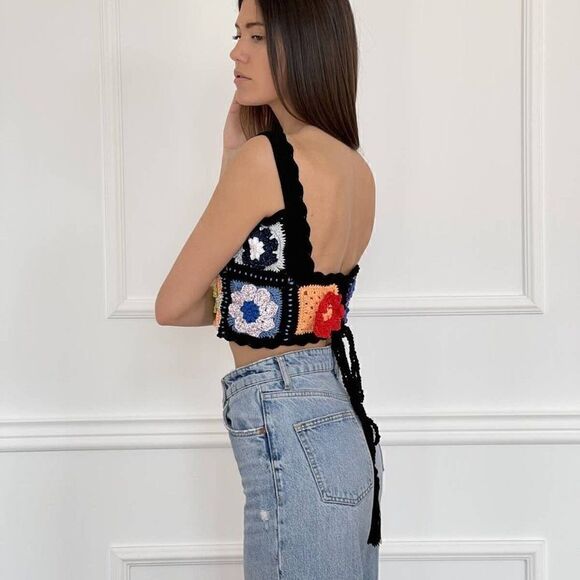 Maridruna Handmade Knit Festival Rainbow Multicolor Hippie Crochet Crop Top Sz M - Picture 3 of 10